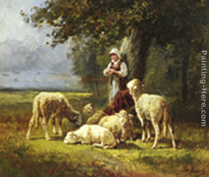 A Shepherdess With Her Flock In A Woodland Clearing painting - Charles Emile Jacque A Shepherdess With Her Flock In A Woodland Clearing art painting